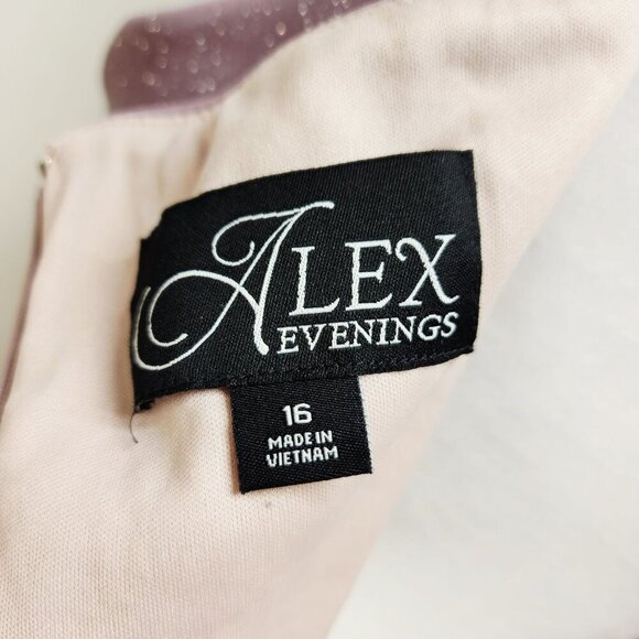 Alex Evenings Mauve Patty Dress Sparkle Draped Gown Cold-Shoulder Size 16 Wear - Picture 4 of 11